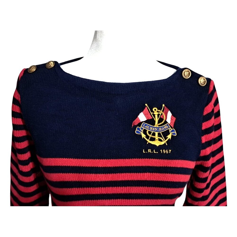 Ralph Lauren Nautical Sweater Womens Size M Embroidered Flag Crest Red & Blue St - Picture 3 of 10